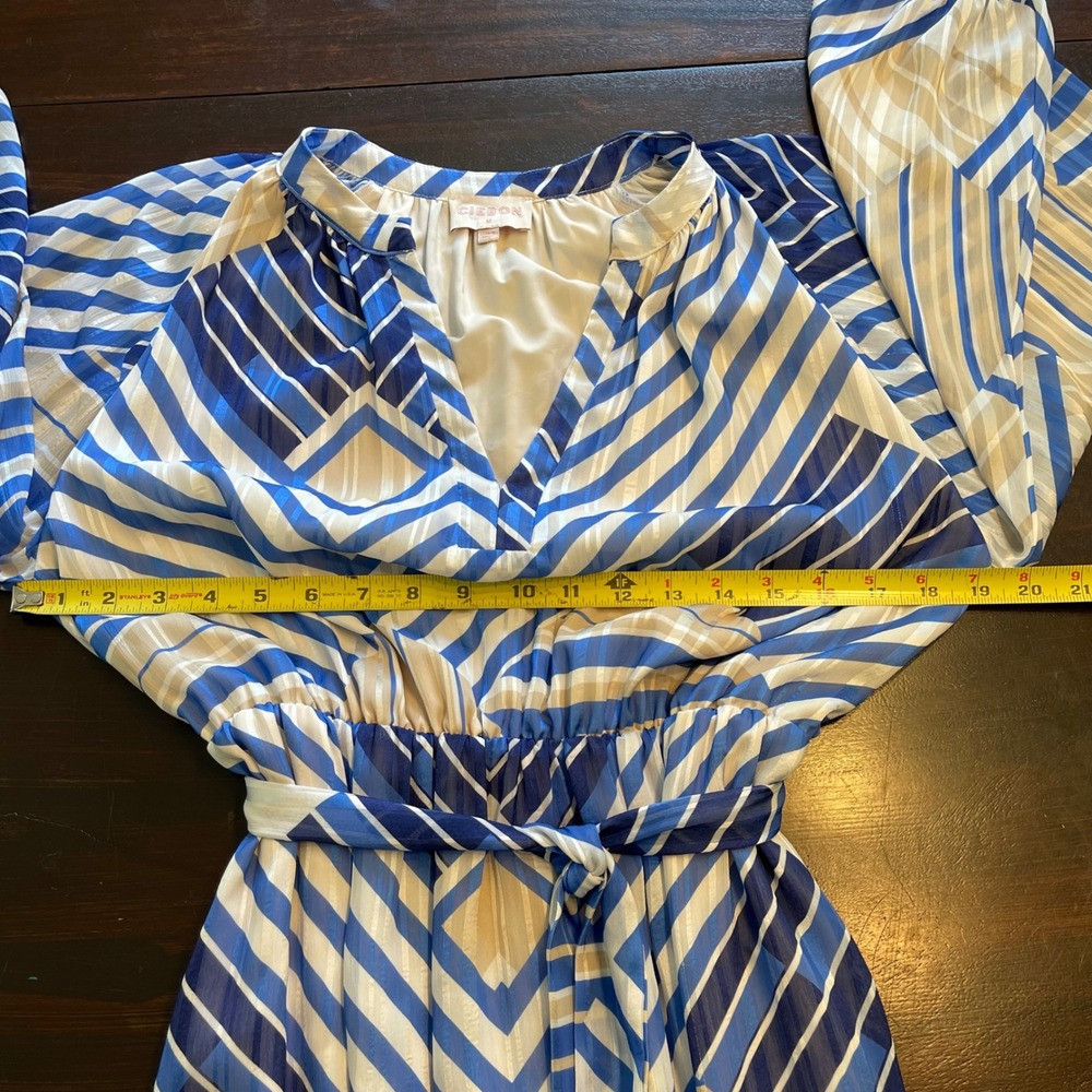 Ciebon Blue Geometric Chevron Stripe Maxi Dress Long Sleeve V-Neck Size M - Picture 5 of 9